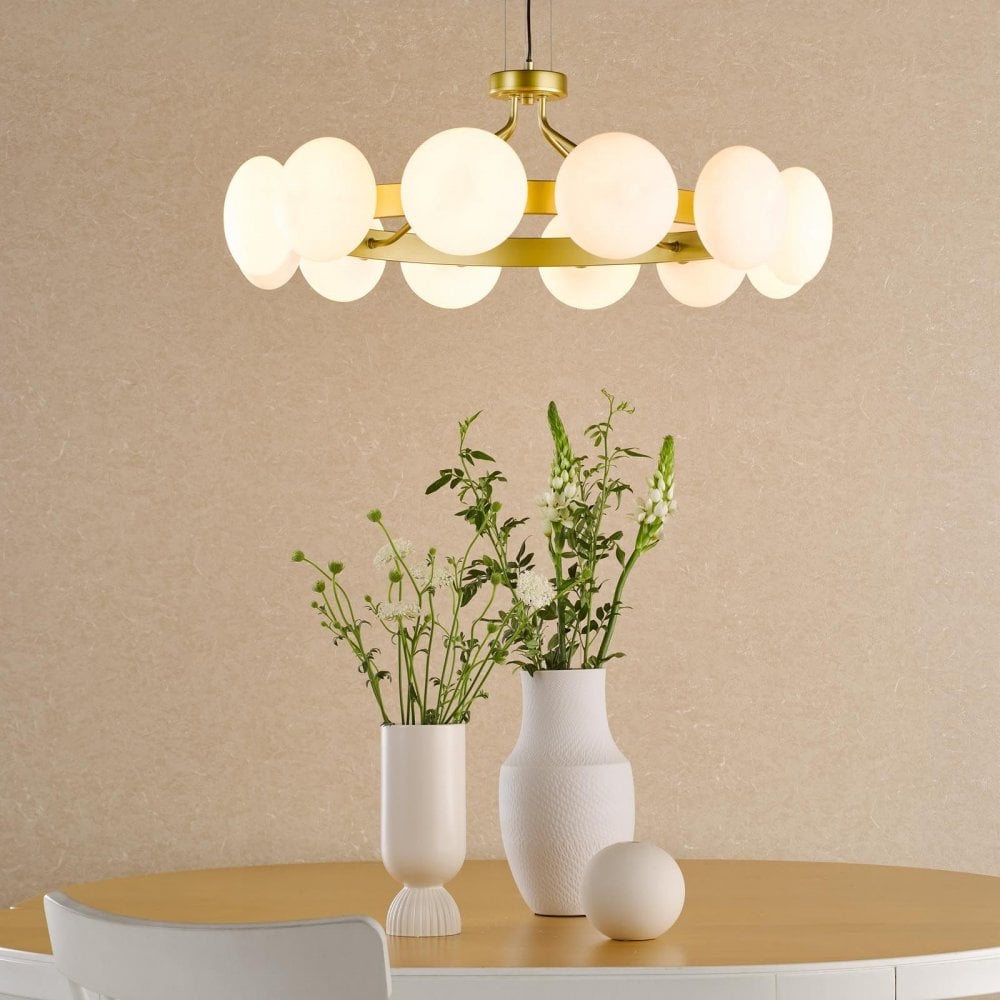 Tauri 12 Light Gold & Opal Glass Pendant