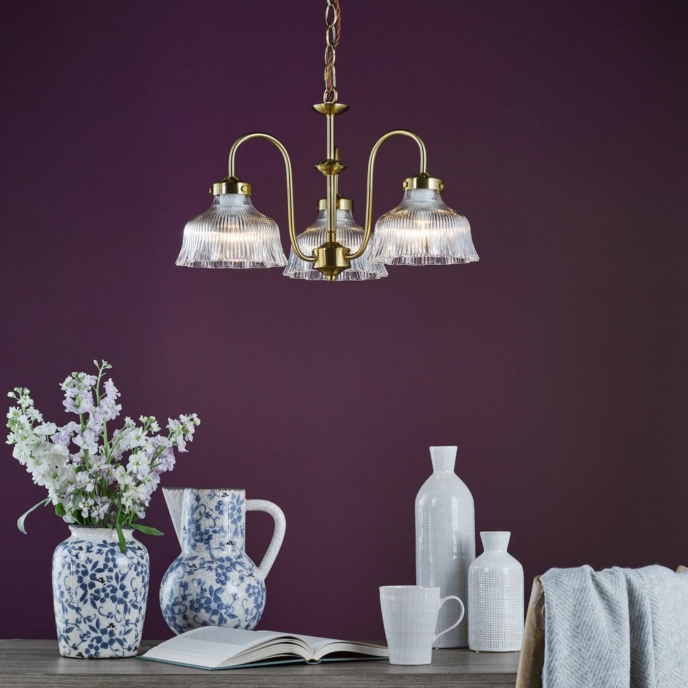 Maude 3 Light Natural Brass & Ribbed Glass Pendant
