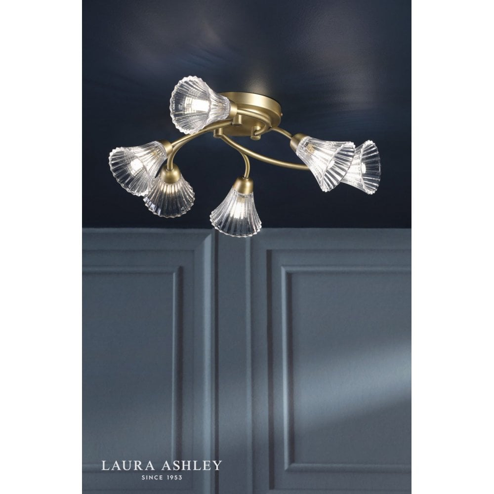 Lanton 6 Light Semi Flush Fitting in Antique Brass & Ribbed Glass