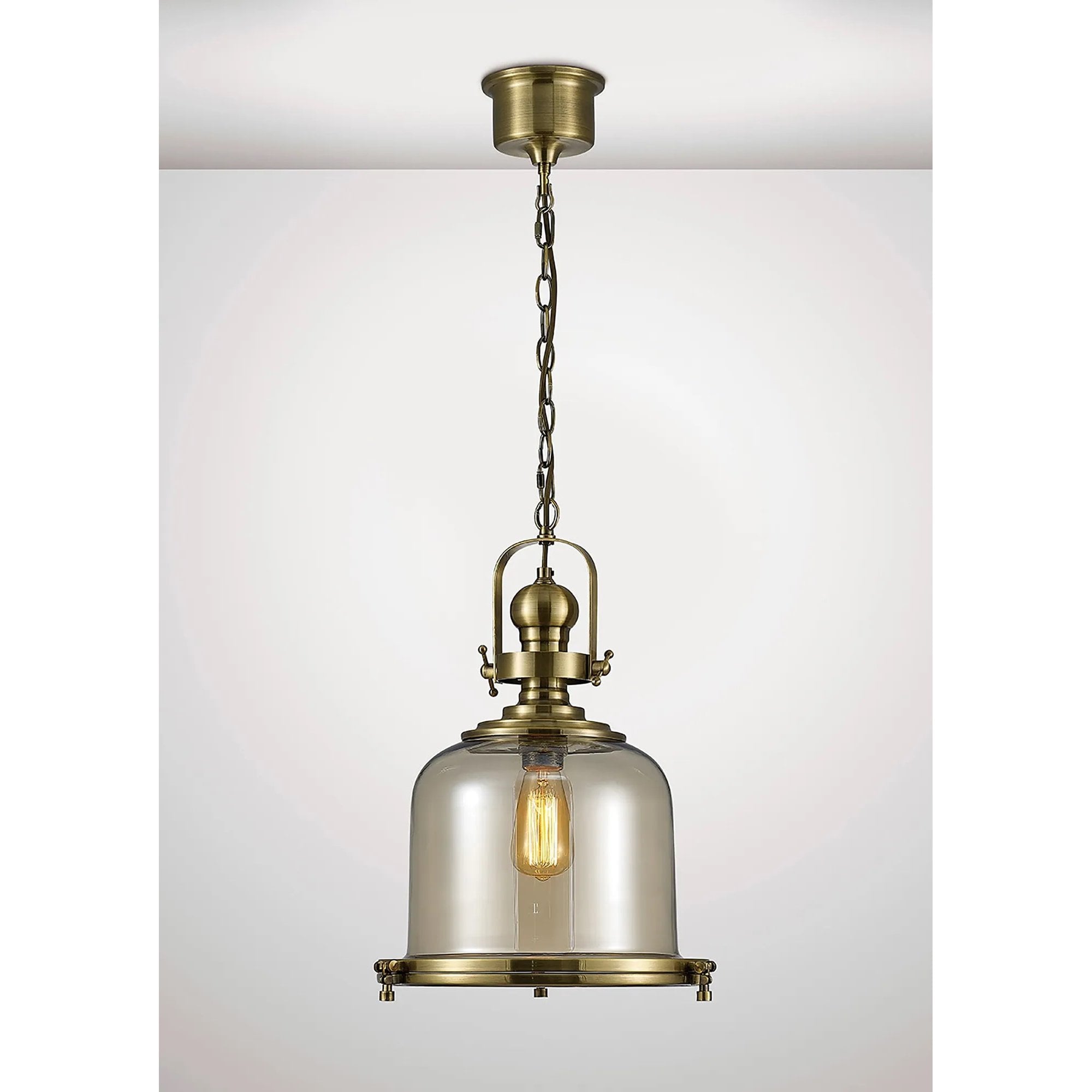 Riley Medium Bell Pendant in Antique Brass & Cognac Glass