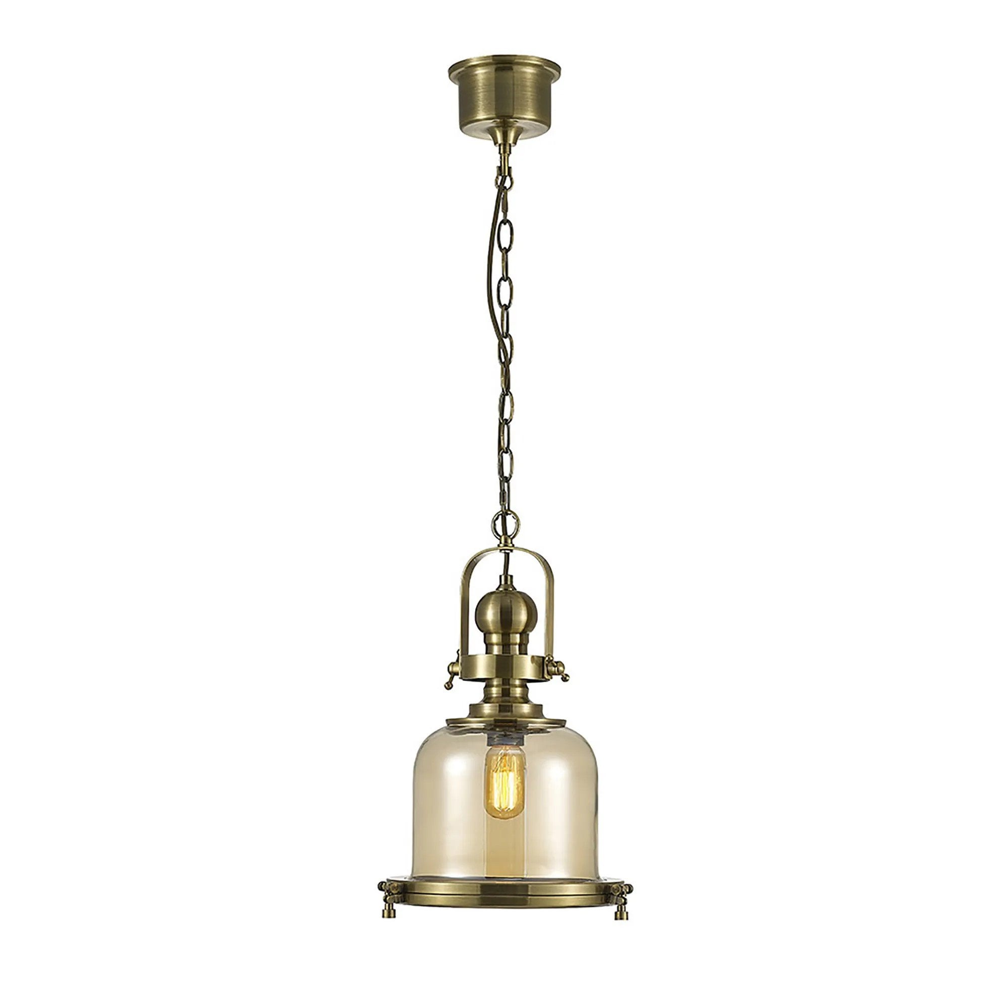 Riley Small Bell Pendant in Antique Brass & Cognac Glass