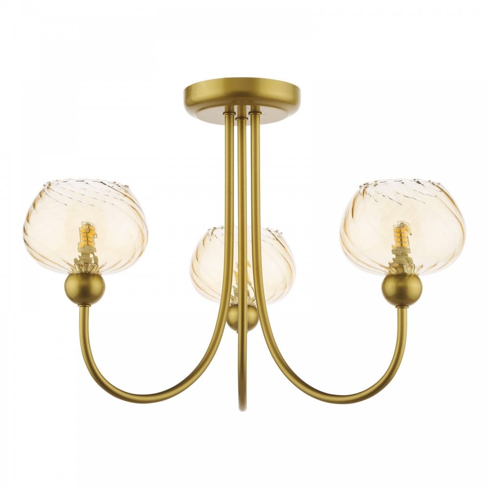 Cognac Satin Gold & Champagne Glass 3 Light Semi Flush