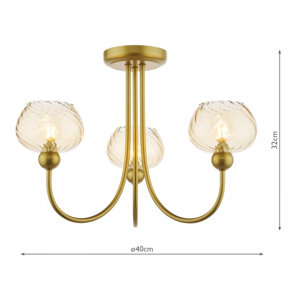 Cognac Satin Gold & Champagne Glass 3 Light Semi Flush