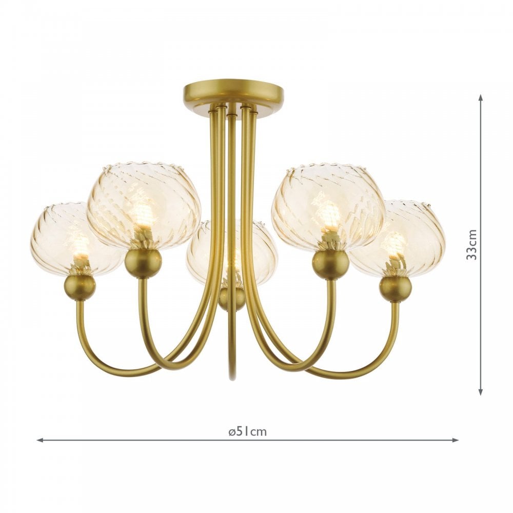 Cognac Satin Gold & Champagne Glass 5 Light Semi Flush
