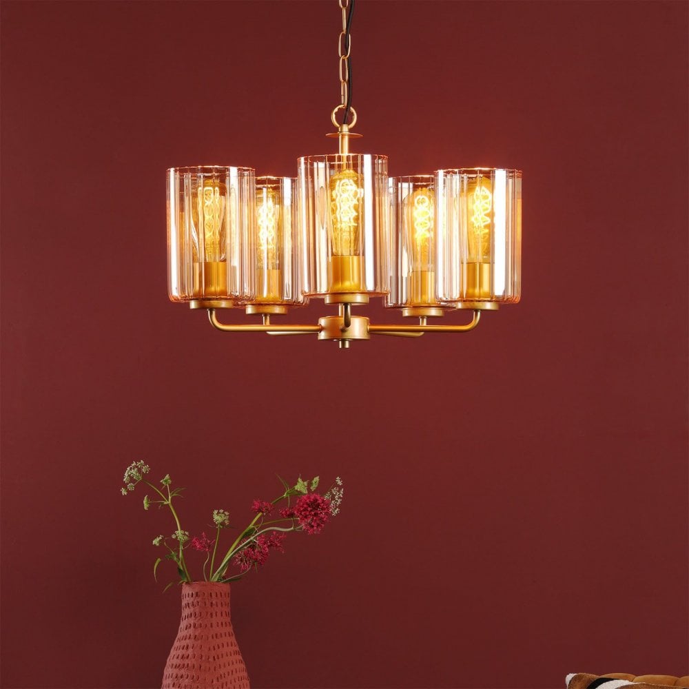 Daylin Satin Gold & Amber Glass 5 Light Pendant