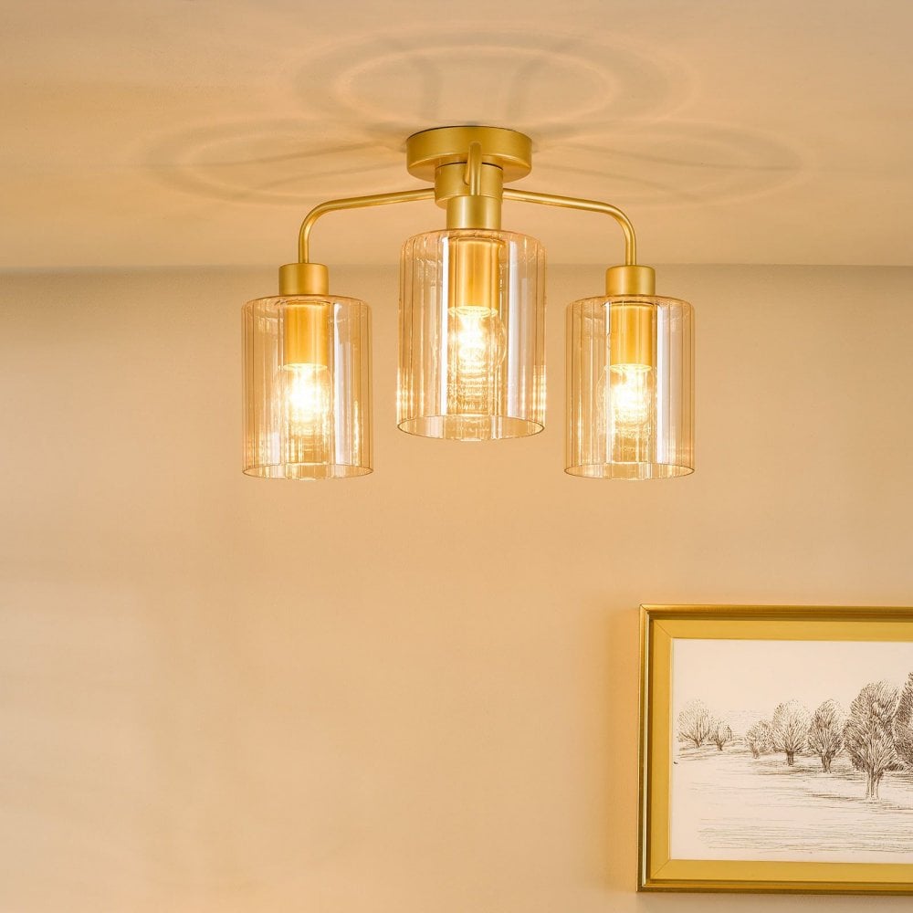 Daylin Satin Gold & Amber Glass 3 Light Semi Flush
