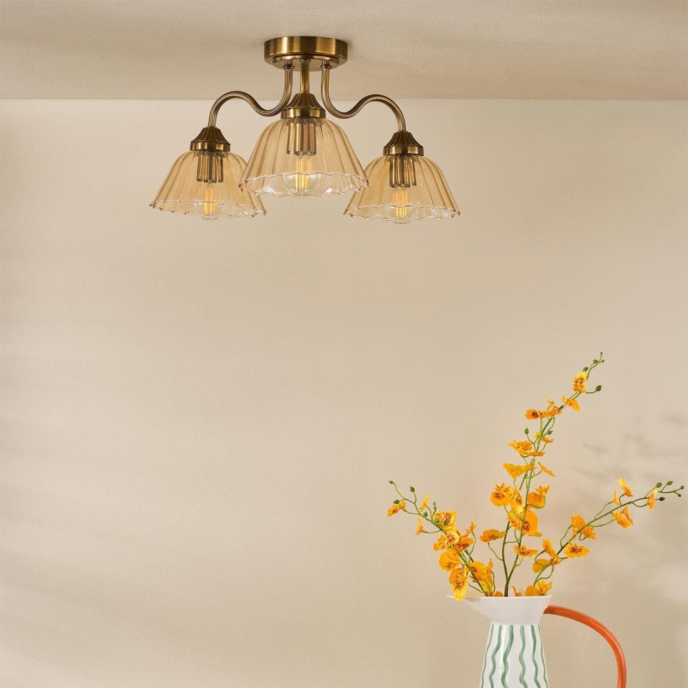 Erika 3 Light Antique Bronze & Amber Glass Semi Flush Fititng