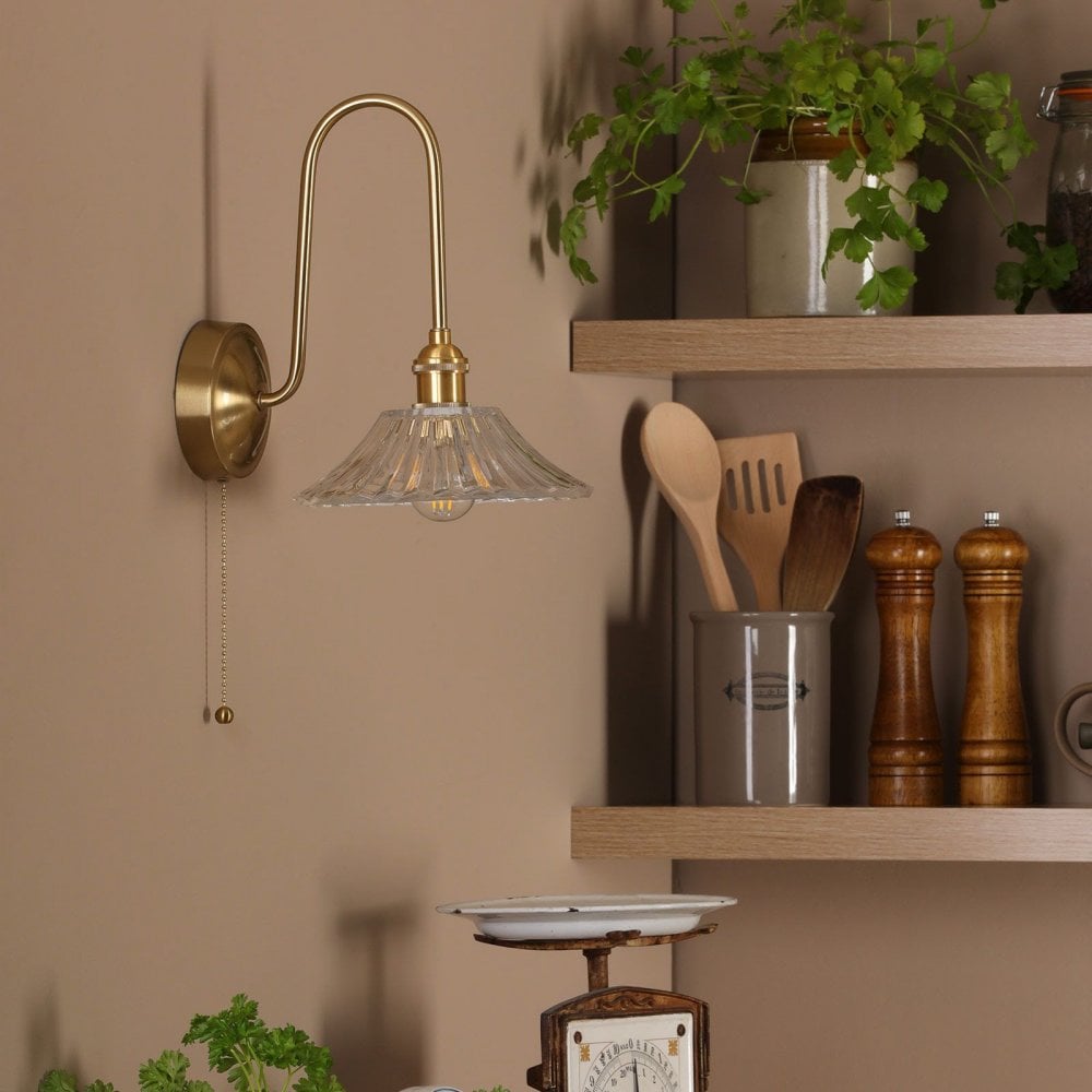 Hadano Brass Curved Arm Wall Light with Flared Shade