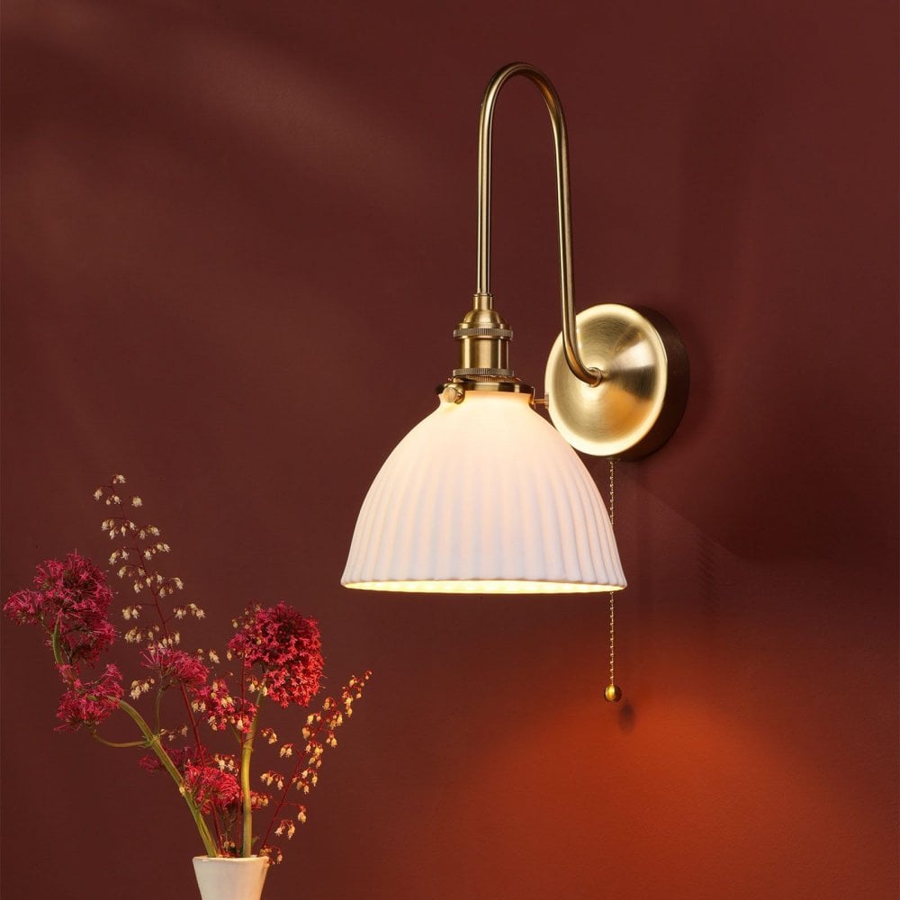 Hadano Brass Curved Arm Wall Light with Domed Shade