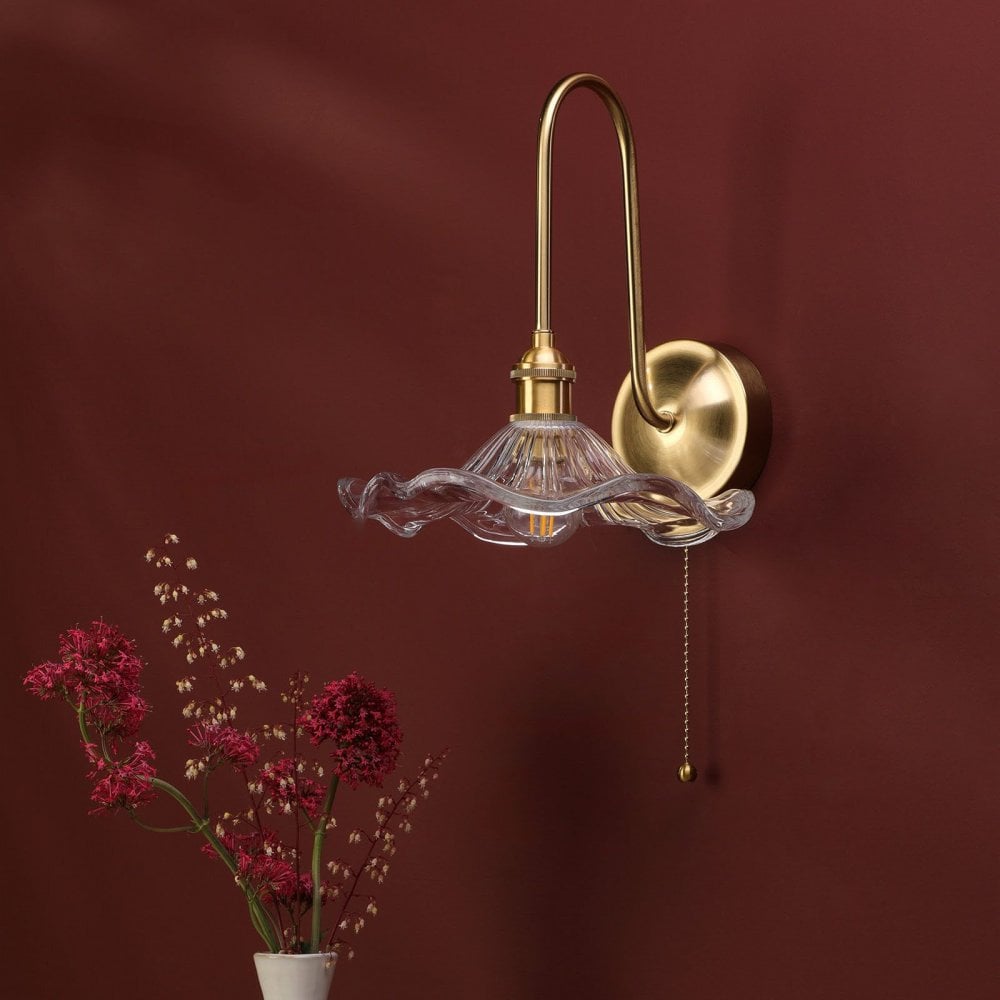 Hadano Brass Curved Arm Wall Light with Wavy Glass Shade