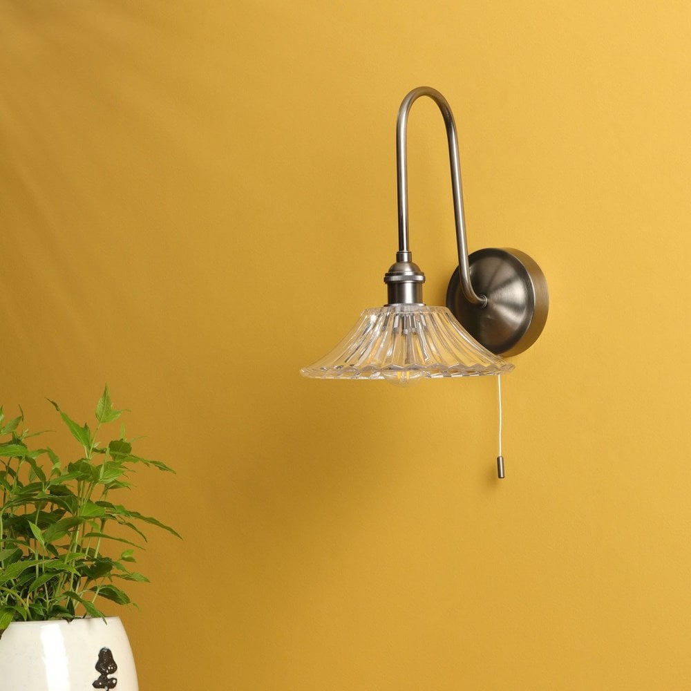 Hadano Antique Chrome Curved Arm Wall Light with Flared Shade
