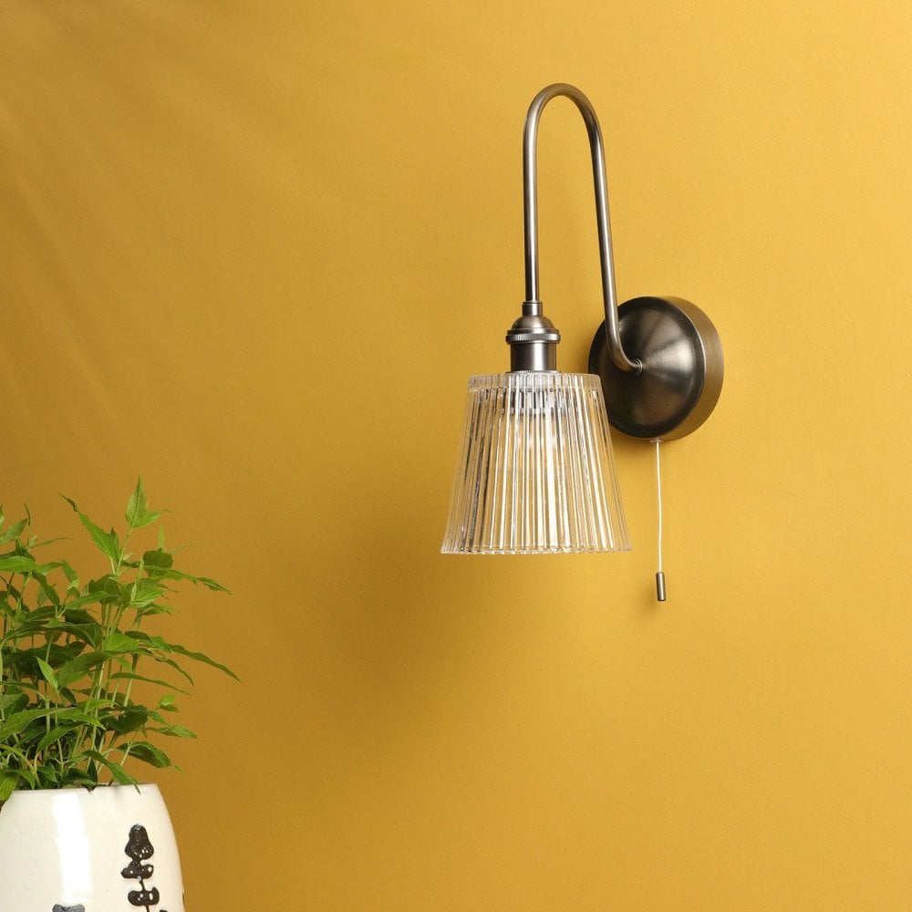Hadano Antique Chrome Curved Arm Wall Light with Ribbed Shade