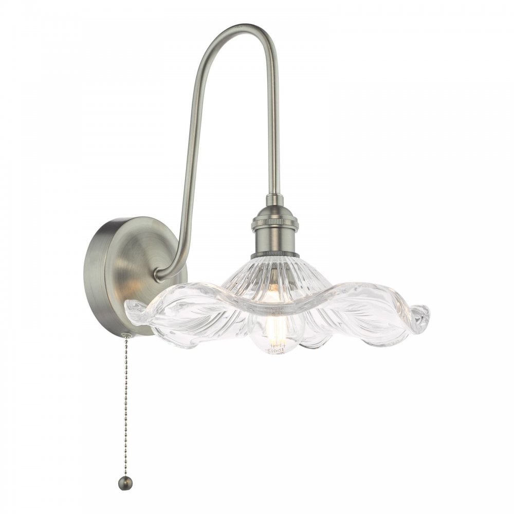 Hadano Antique Chrome Curved Arm Wall Light with Wavy Glass Shade