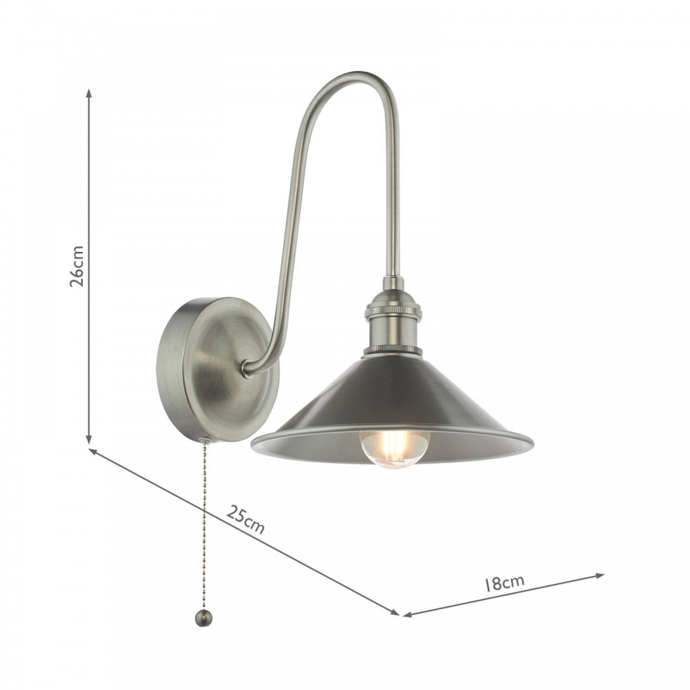 Hadano Antique Chrome Curved Arm Wall Light with Pewter Shade