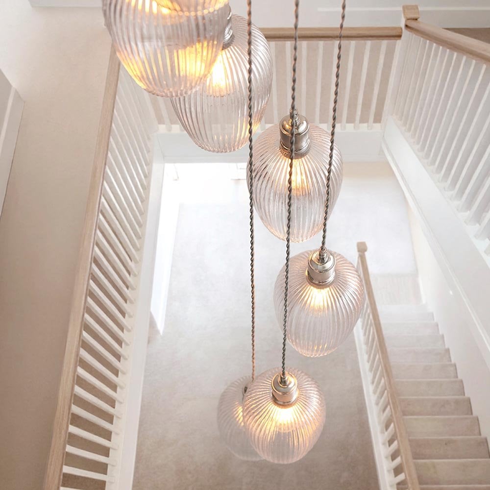 Millie Polished Nickel 13 Light Pendant with Ribbed Glass Shades
