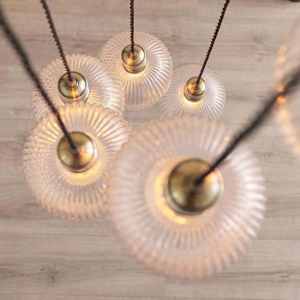 Millie Antique Brass 7 Light Pendant with Ribbed Glass Shades