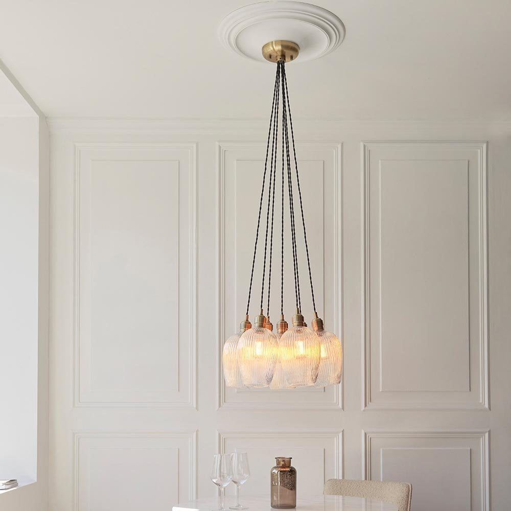 Mia Antique Brass 7 Light Cluster Pendant with Ribbed Glass Shades