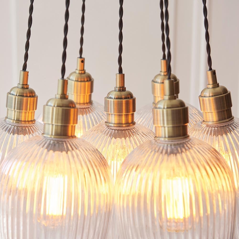 Mia Antique Brass 7 Light Cluster Pendant with Ribbed Glass Shades
