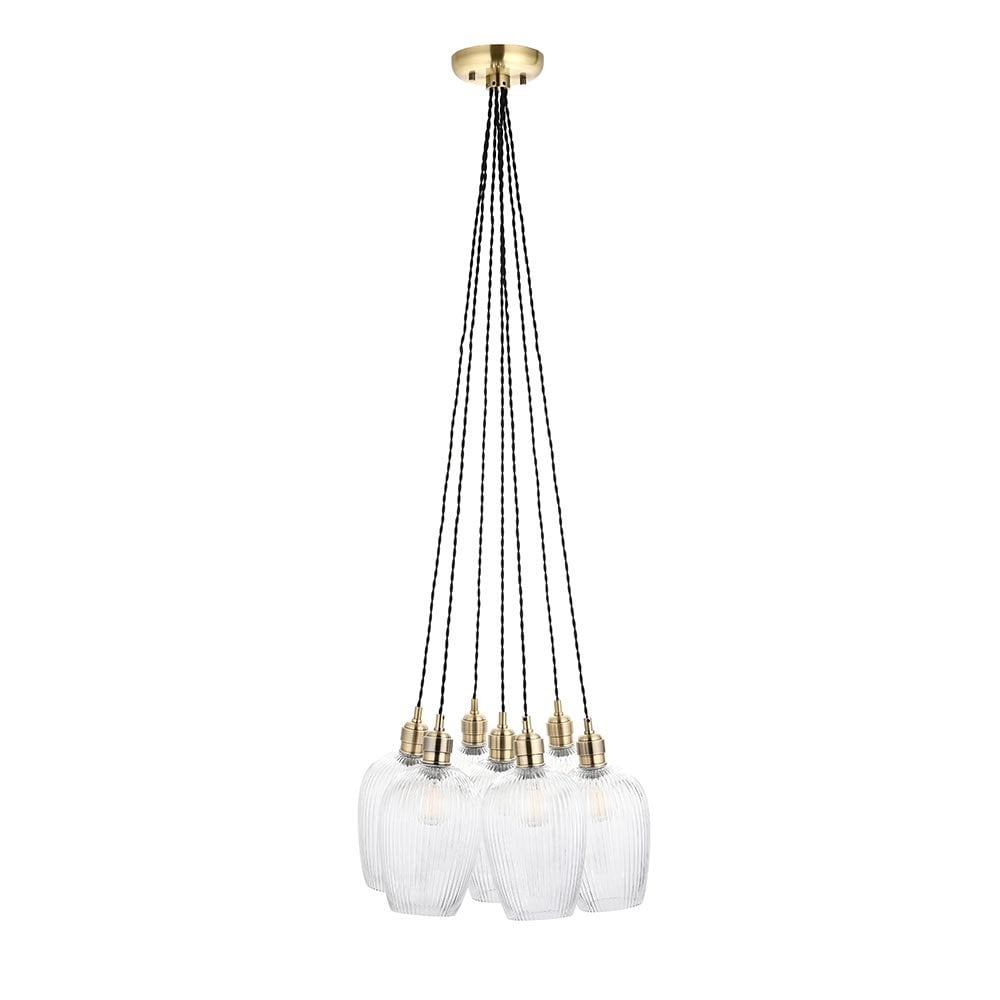 Mia Antique Brass 7 Light Cluster Pendant with Ribbed Glass Shades