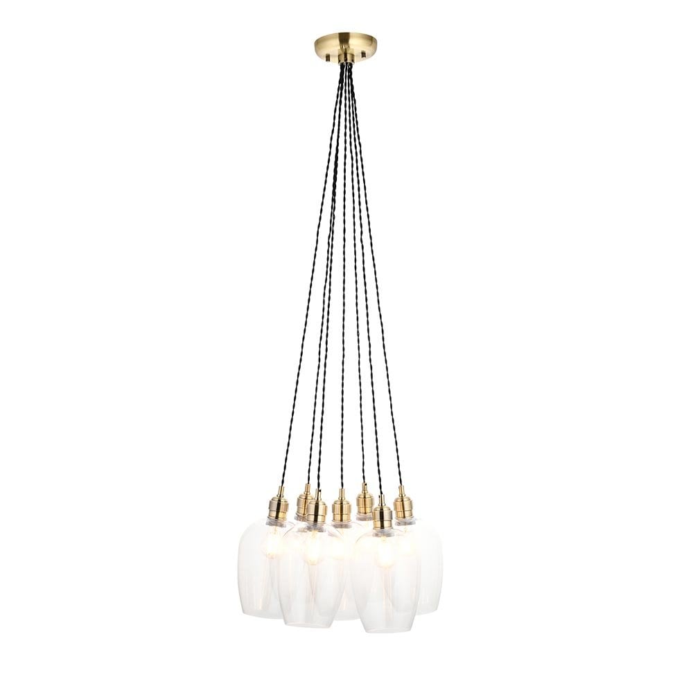 Mia Antique Brass 7 Light Cluster Pendant with Clear Glass Shades