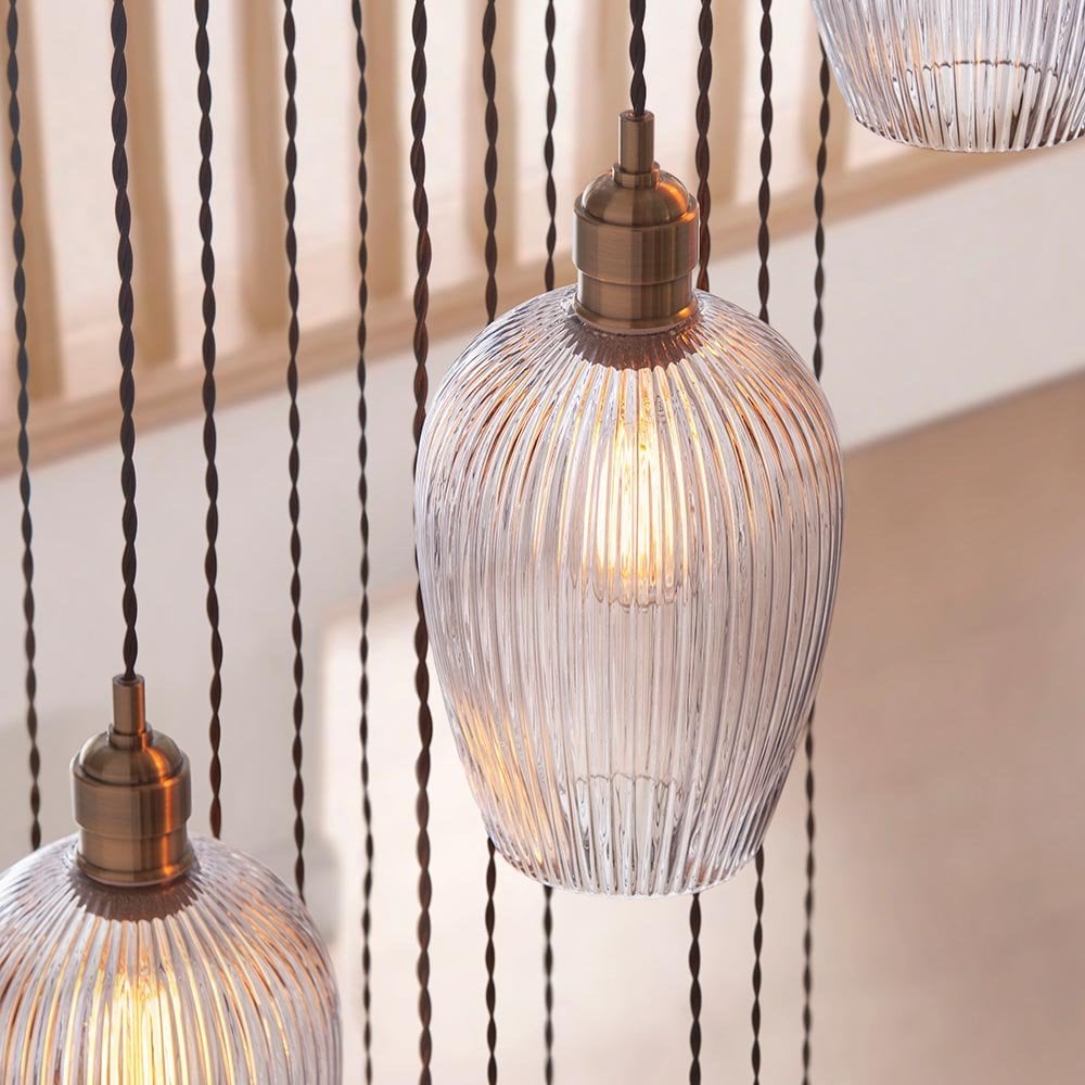 Millie Antique Brass 13 Light Pendant with Ribbed Glass Shades