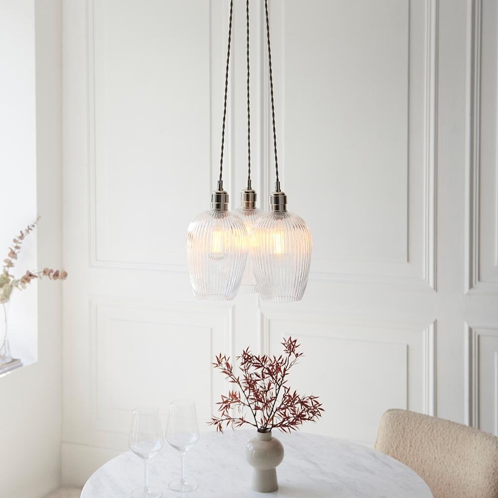 Mia Polished Nickel 3 Light Cluster Pendant with Ribbed Glass Shades