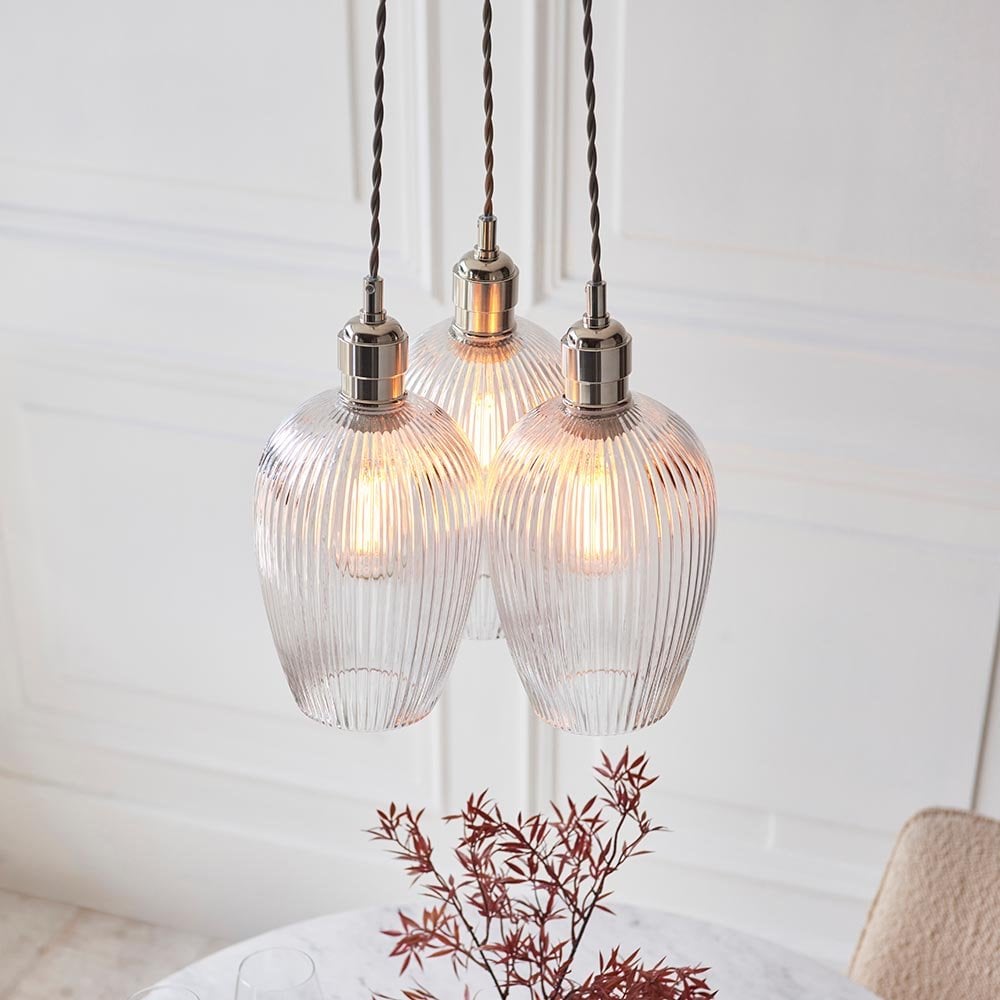 Mia Polished Nickel 3 Light Cluster Pendant with Ribbed Glass Shades