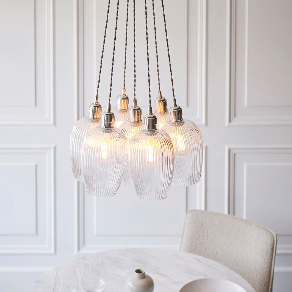 Mia Polished Nickel 7 Light Cluster Pendant with Ribbed Glass Shades