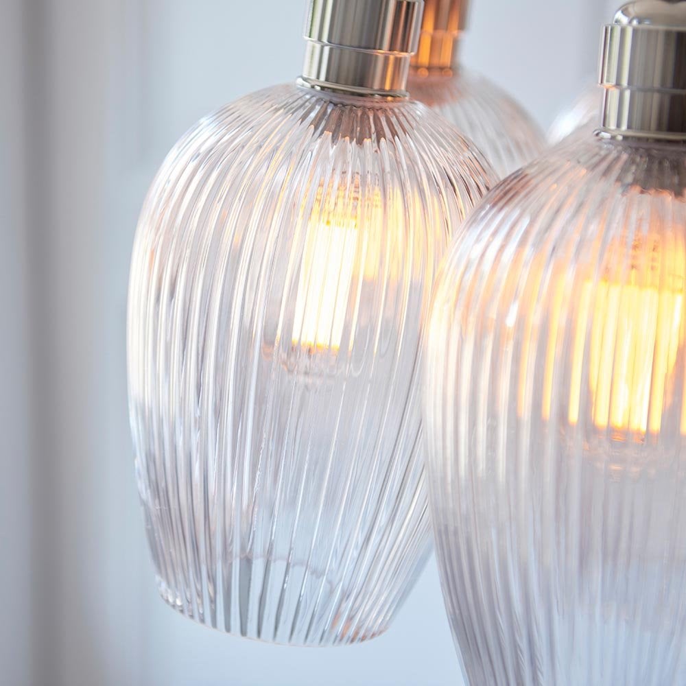 Mia Polished Nickel 7 Light Cluster Pendant with Ribbed Glass Shades