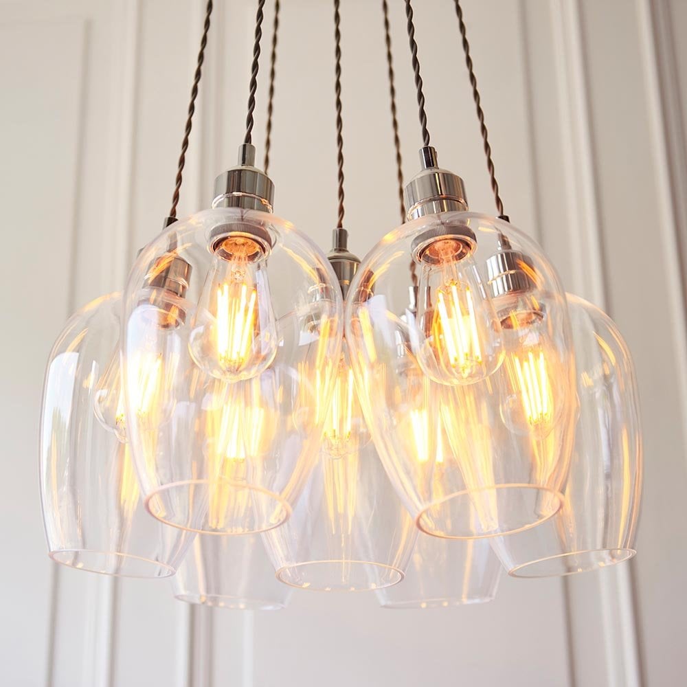 Mia Polished Nickel 7 Light Cluster Pendant with Clear Glass Shades