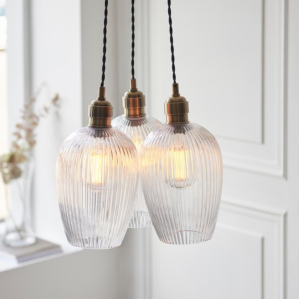 Mia Antique Brass 3 Light Cluster Pendant with Ribbed Glass Shades