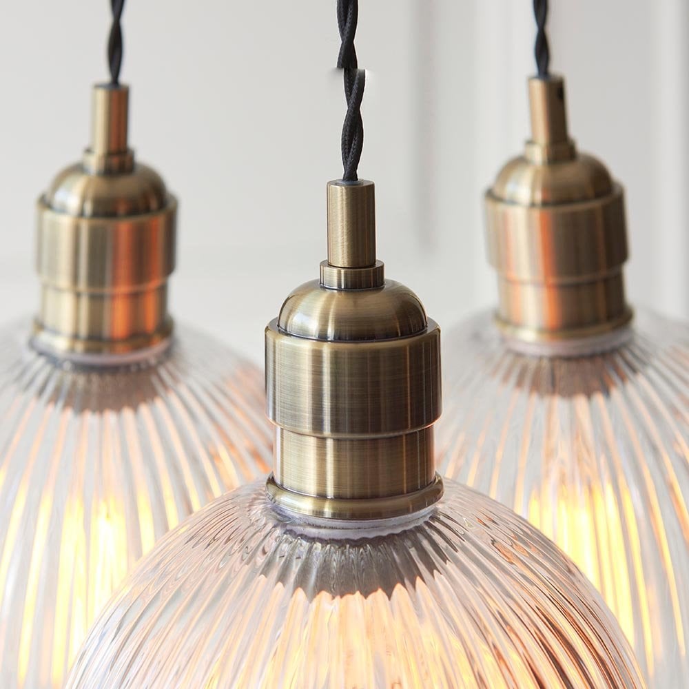 Mia Antique Brass 3 Light Cluster Pendant with Ribbed Glass Shades