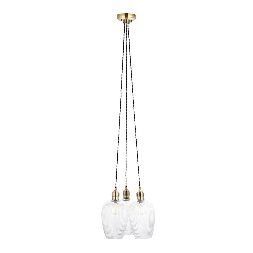 Mia Antique Brass 3 Light Cluster Pendant with Ribbed Glass Shades