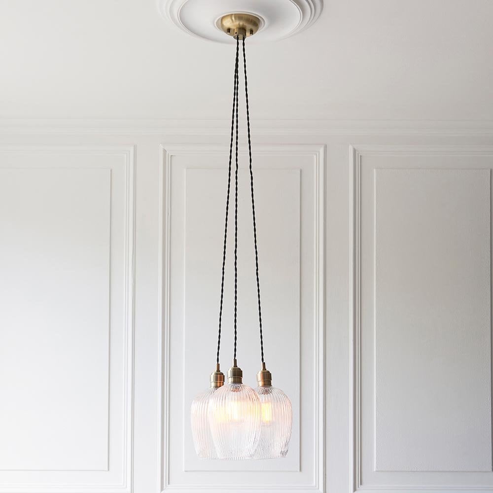 Mia Antique Brass 3 Light Cluster Pendant with Ribbed Glass Shades