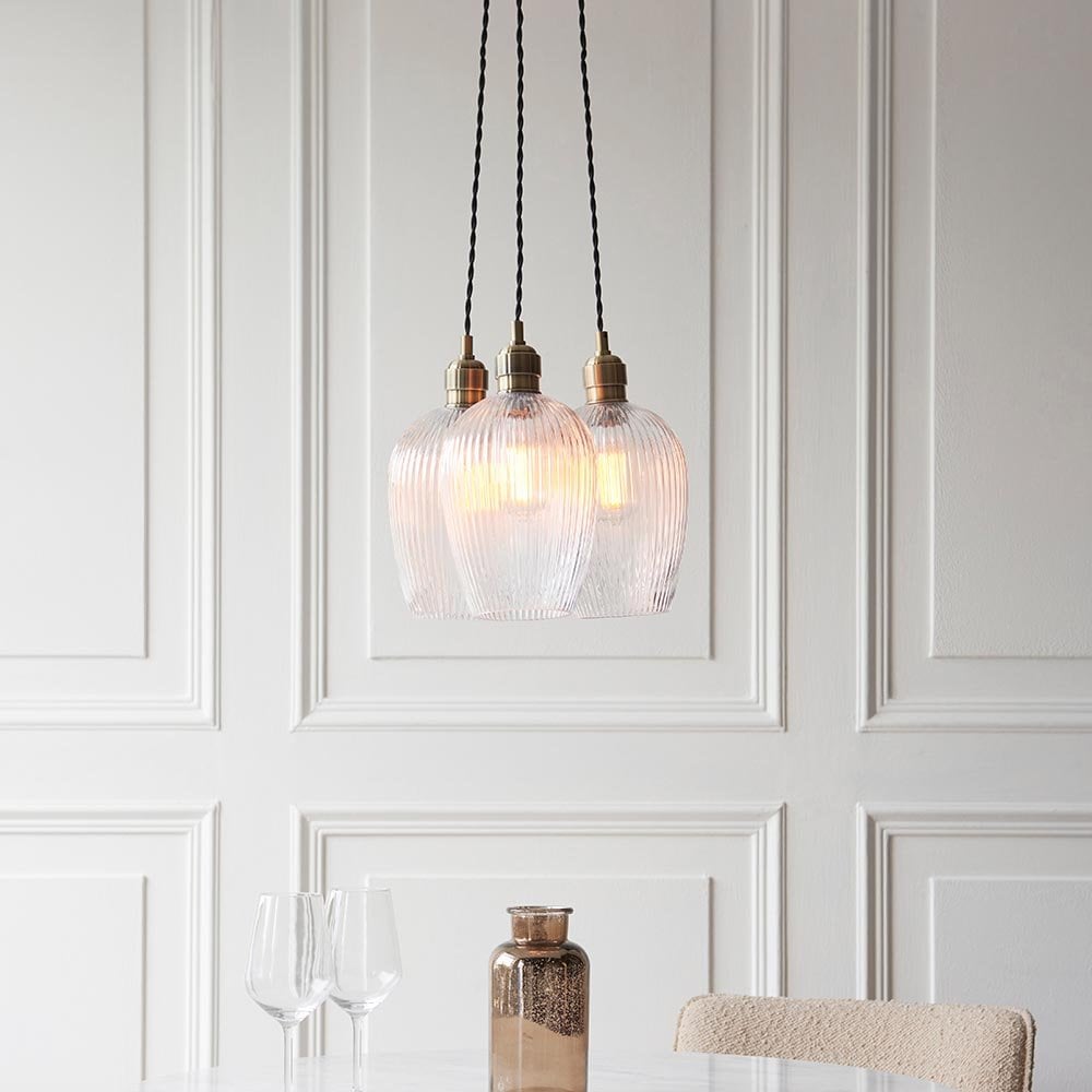 Mia Antique Brass 3 Light Cluster Pendant with Ribbed Glass Shades