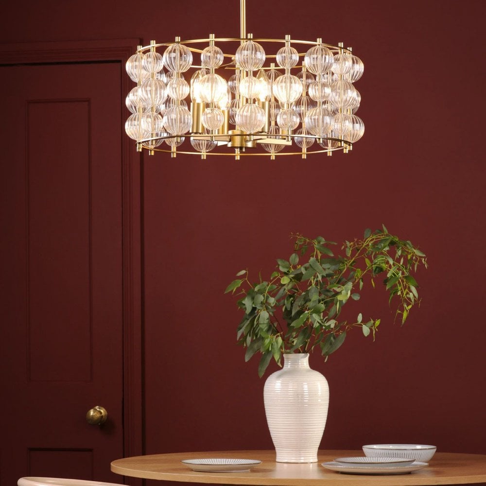 Yuridia 4 Light Satin Gold & Ribbed Glass Ceiling Pendant