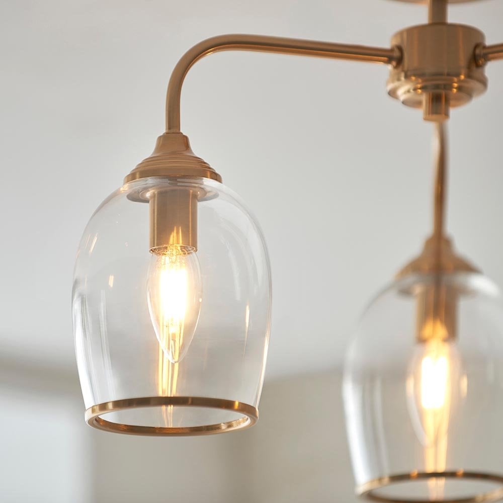 Ashcroft 3 Light Brass Semi Flush Fitting with Clear Glass Shades