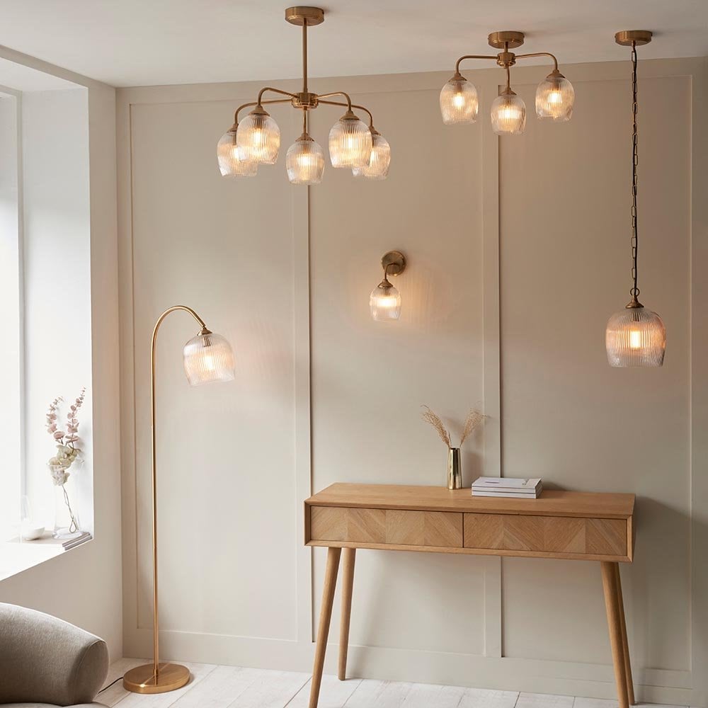 Ashcroft Brass Floor Lamp with Ribbed Glass Shade