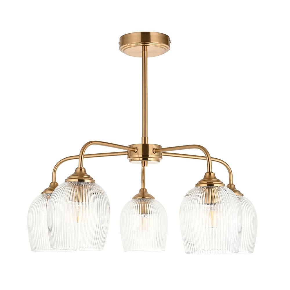 Ashcroft 5 Light Brass Semi Flush Fitting with Ribbed Glass Shades