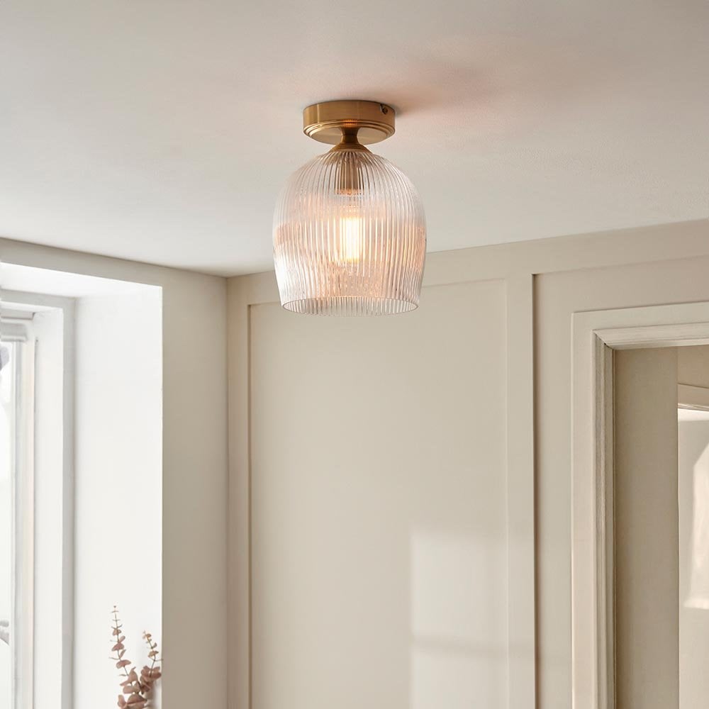 Ashcroft Brass Flush Fitting with Ribbed Glass Shade