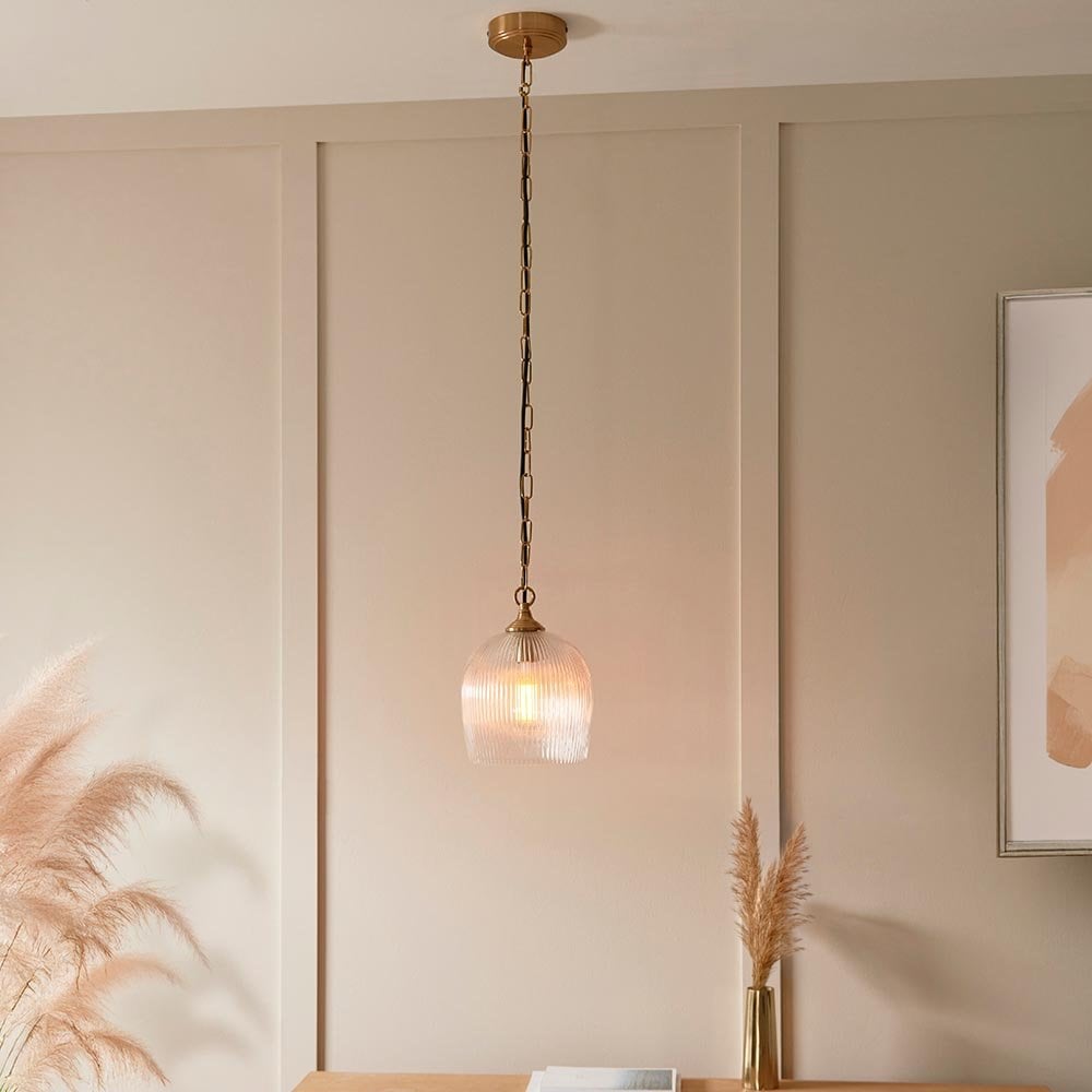Ashcroft Single Brass Pendant with Ribbed Glass Shade