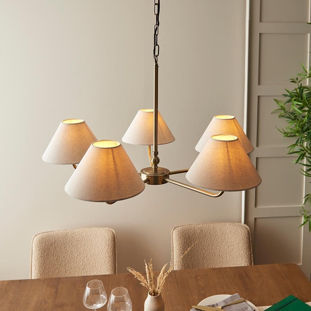Lille 5 Light Antique Brass Pendant C/W Shades