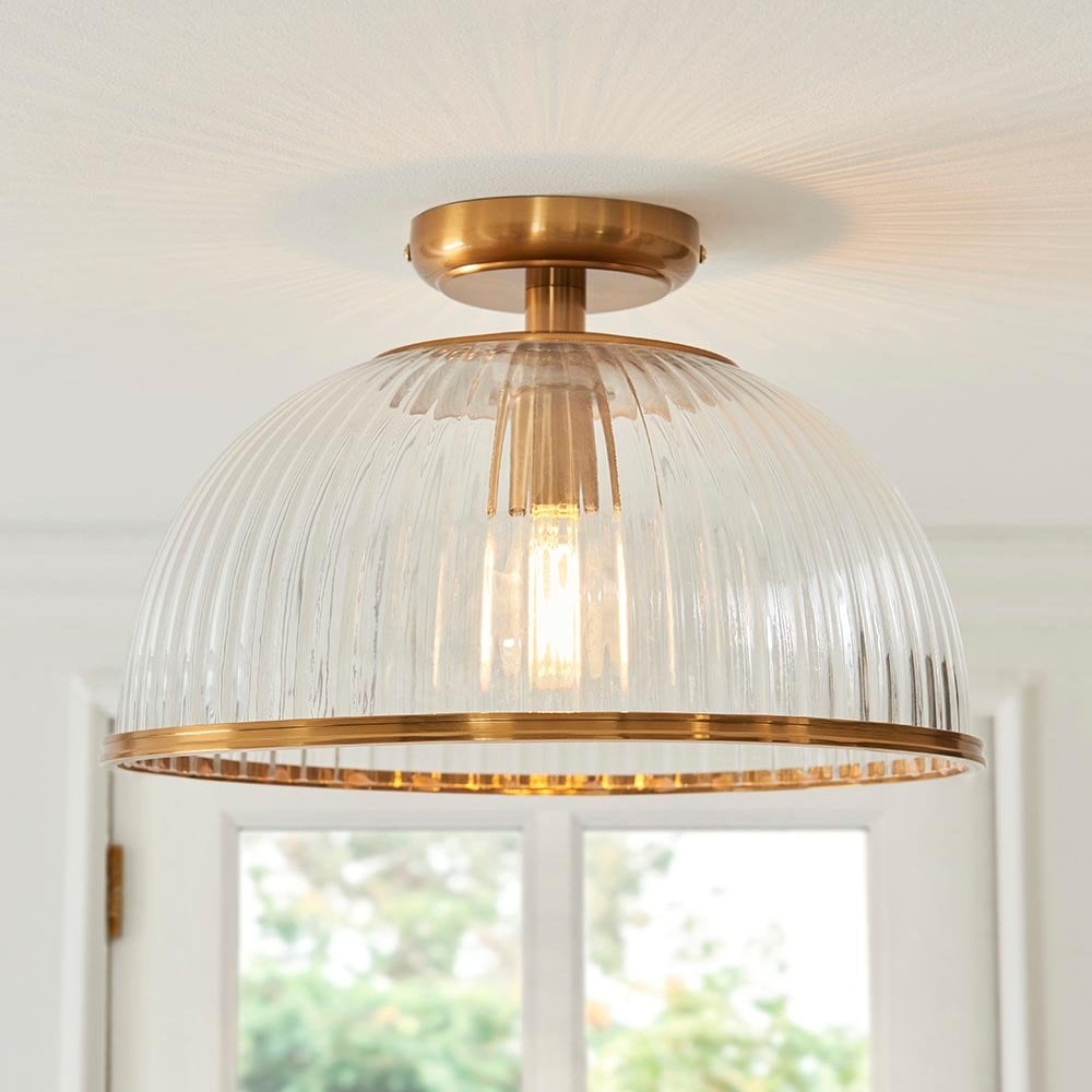 Somerset Downturned Flush Fitting in Brass with Ribbed Glass