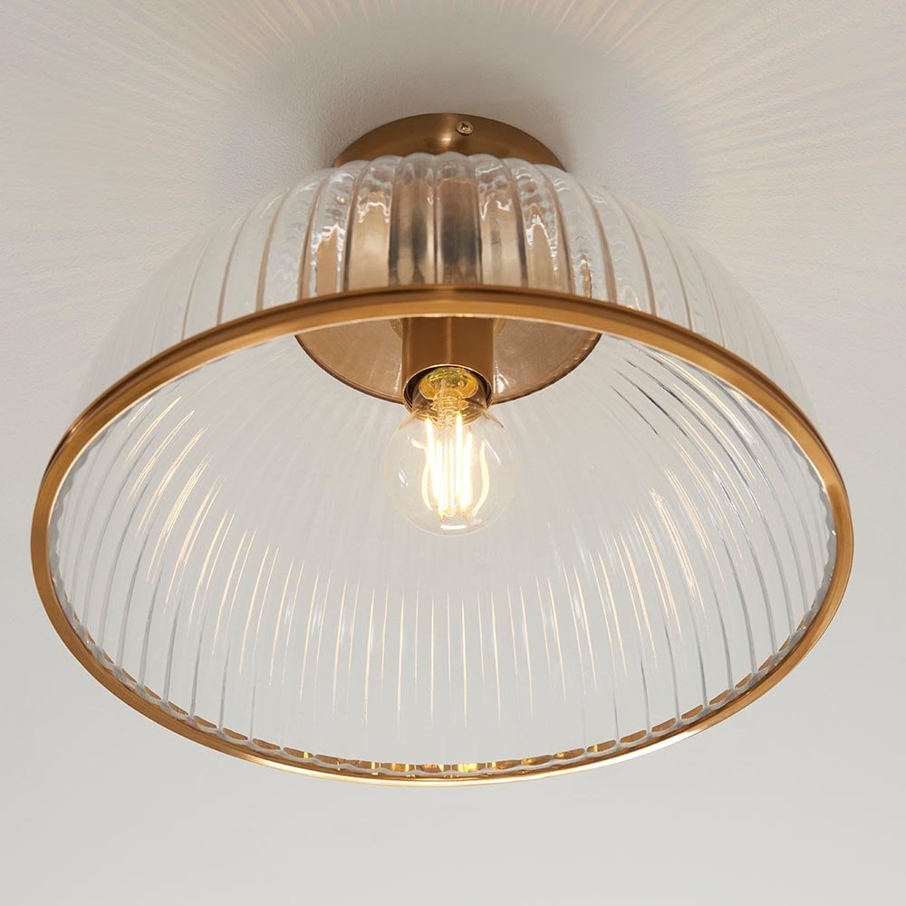 Somerset Downturned Flush Fitting in Brass with Ribbed Glass