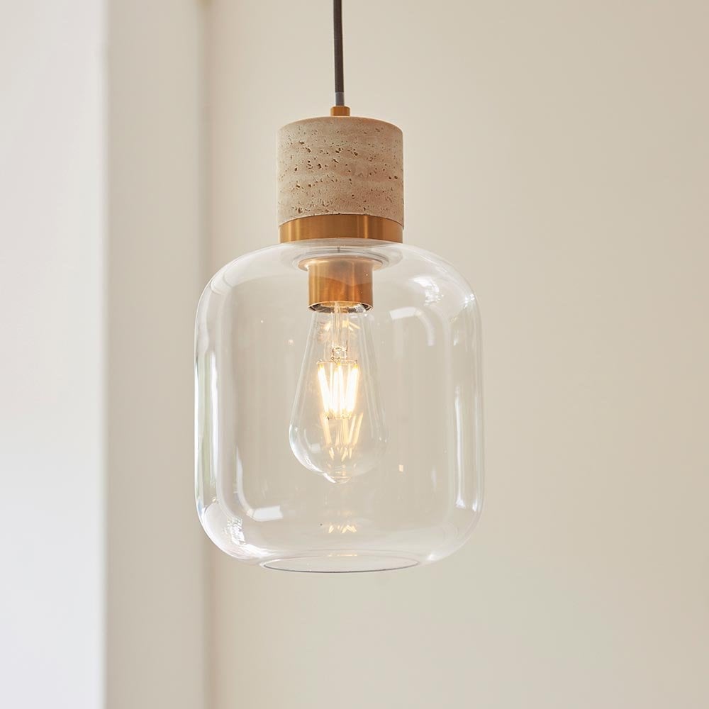 Travi Natural Travertime Stone Pendant C/W Clear Glass
