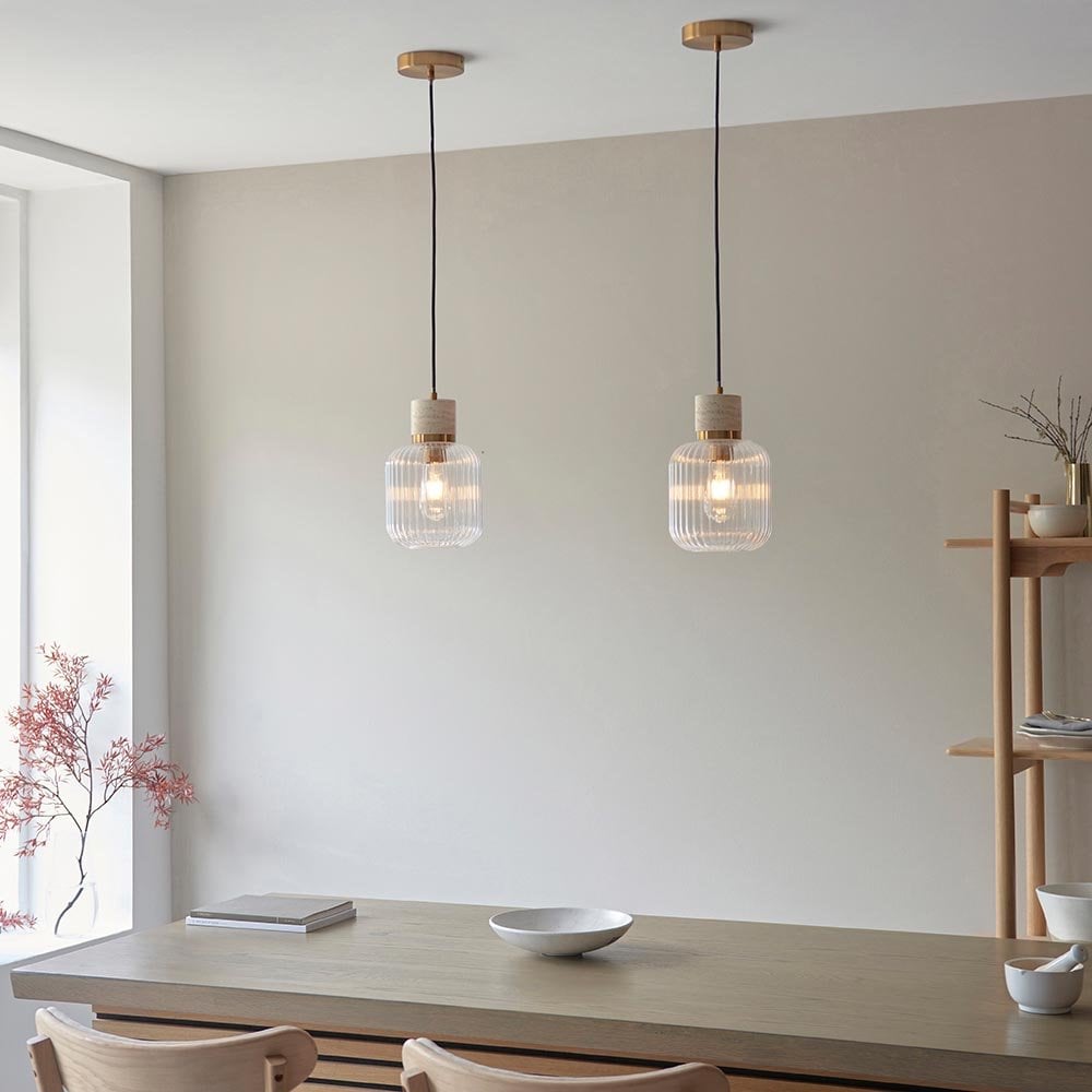 Travi Natural Travertime Stone Pendant C/W Ribbed Glass