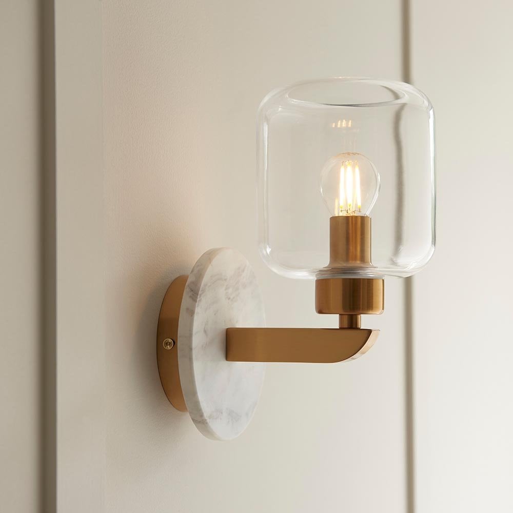 Travi White Volaskas Marble Wall Light C/W Clear Glass Shade
