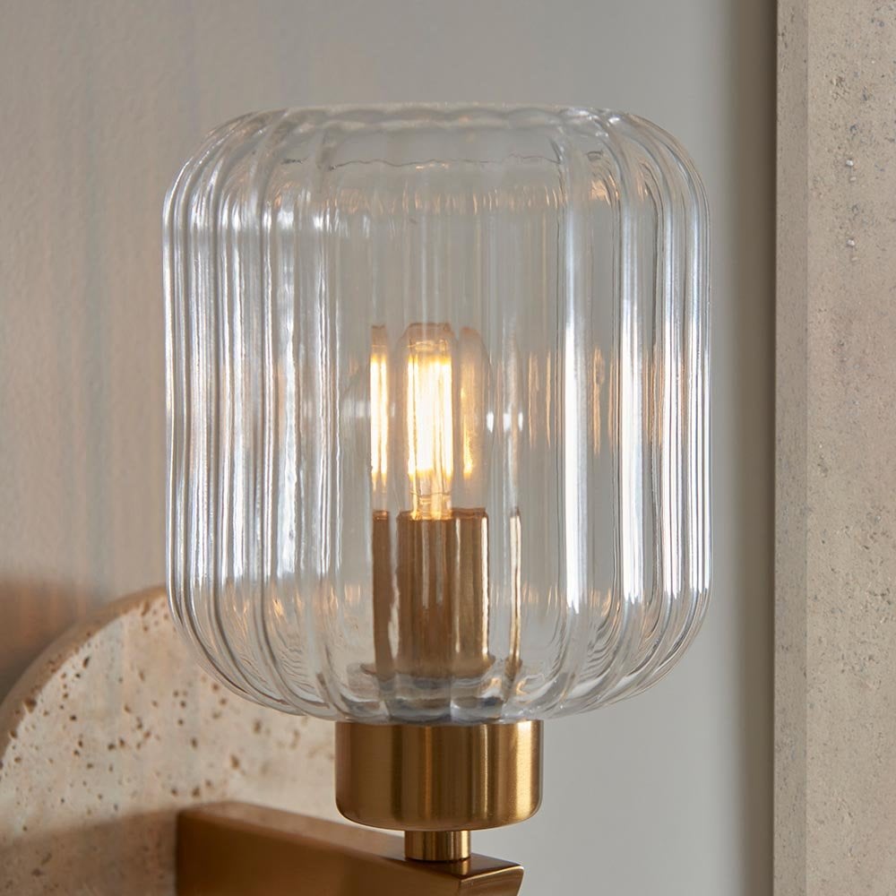 Travi Natural Travertime Stone Wall Light C/W Ribbed Glass Shade