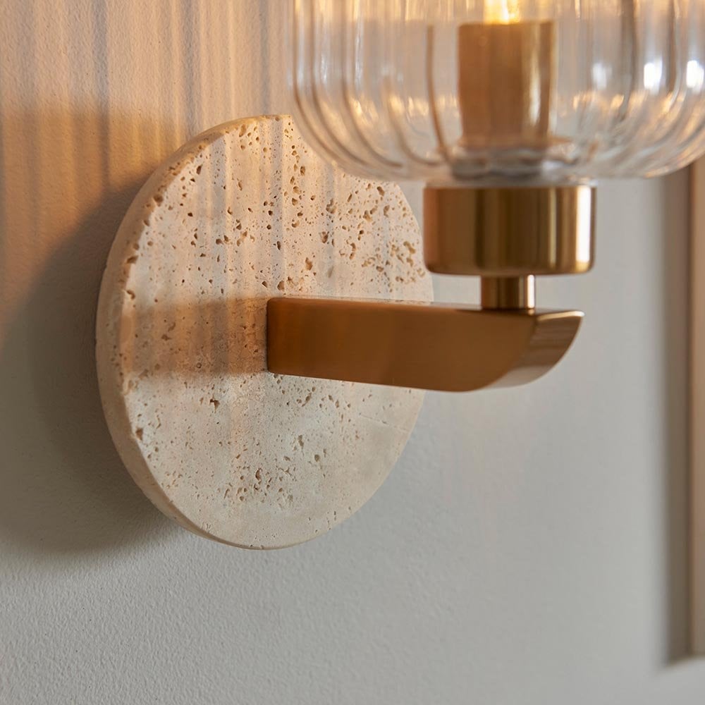 Travi Natural Travertime Stone Wall Light C/W Ribbed Glass Shade