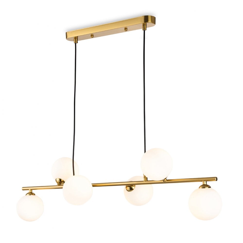 Lando 6 Light Brushed Brass Pendant Bar with Opal Glass Shades